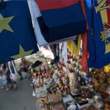 EU and Moldovan flags on market stall in Moldova