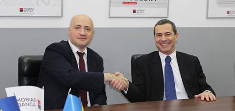 Dimitri Gvindadze, Head of the EBRD office in Chișinău, with Antoine Gabizon, President of the Management Board and CEO of Mobiasbanca.