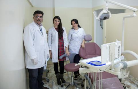 Omar and two of his employees at the new dental surgery in Rustavi, Georgia, which he opened with the help of a loan arranged through the EU4Business programme.